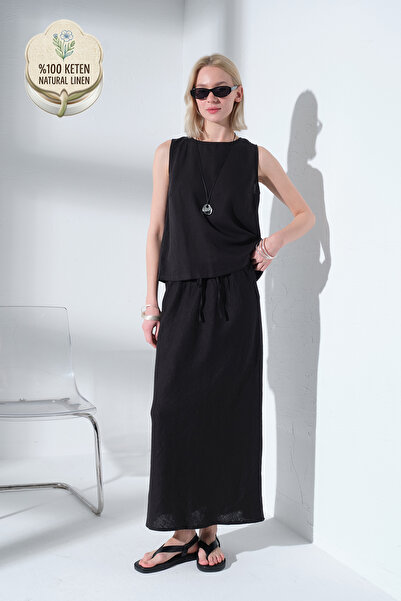 Maule 100% лен, еластична талия и шнур, удобна кройка, тъкана дамска макси по...