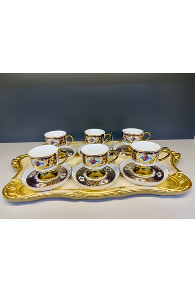 Vakıf home 6 Kişilik 12 Parça Porselen Ayaklı Mavi Çiçekli Kahve Fincan Takım...