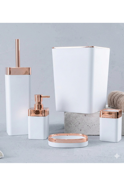 Caspian Plus Lüks 5 Parça Banyo Seti - Mat Dokulu & Rose Gold Şeritli