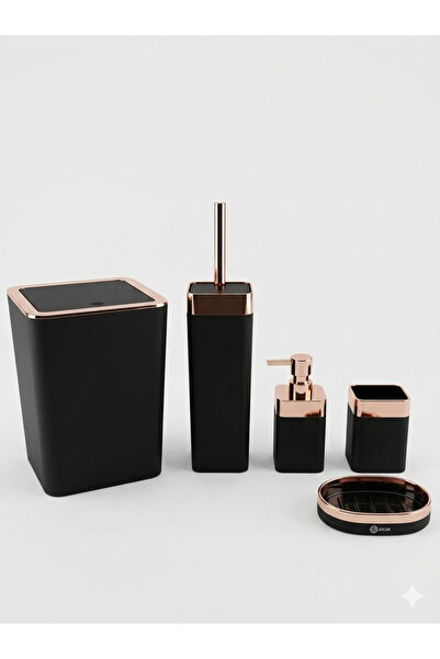 Caspian Plus Lüks 5 Parça Banyo Seti - Mat Dokulu & Rose Gold Şeritli