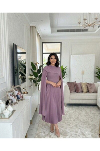 alqarat Taraf Pleated Gown with Royal Cape Collar