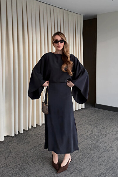 MOZENA فستان ميدي بأكمام خفاشية بأربطة شق