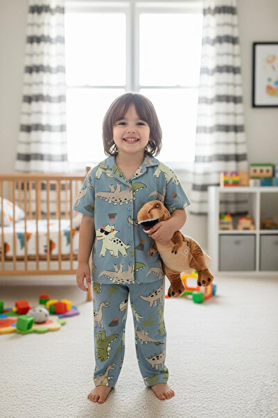 Hyd 3-12 Yaş Özel Dinazor Oyuncak Baskılı Ve Desenli Düğmeli Çocuk Pijama Set...