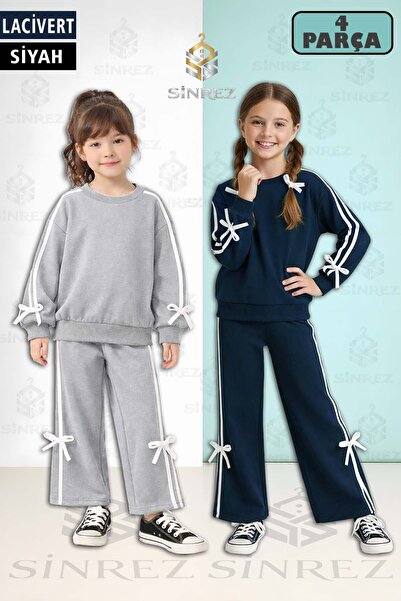 SİNREZ Girl's 2-Piece Ribbon Crew Neck Bow Detail Tracksuit Set