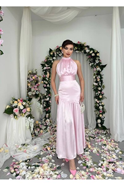 YURELİ Bel Detaylı Halter Yaka Uzun Elbise