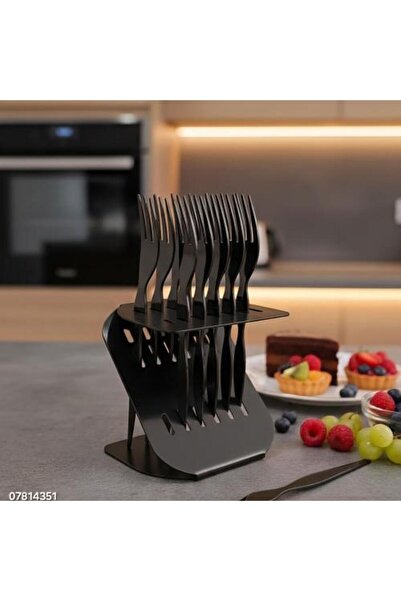 Generic طقم شوك معدني للحلويات والفواكه، أسود مع حامل (13 قطعة - فضي)
