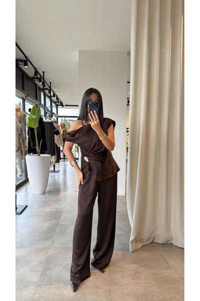 manana fashion Χρυσό Με αγκράφα Ασύμμετρη Κοπή Ειδικού Σχεδιασμού Σετ Παντελό...