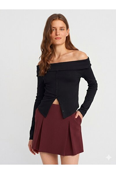 Dilvin 31400 Топ з відкритими плечима на ґудзиках - чорний