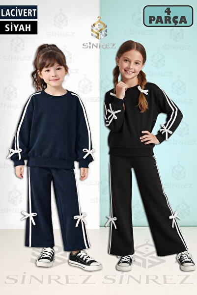 SİNREZ Girl's 2Li Bow Detail Ribbed Crew Neck Tracksuit Set with Ribbon