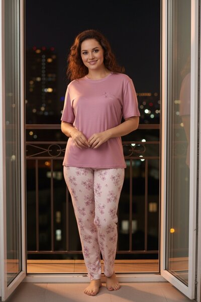 PİJAPİA Women's Short Sleeve Stretch Fabric Plus Size Pajama Set Dusty Rose