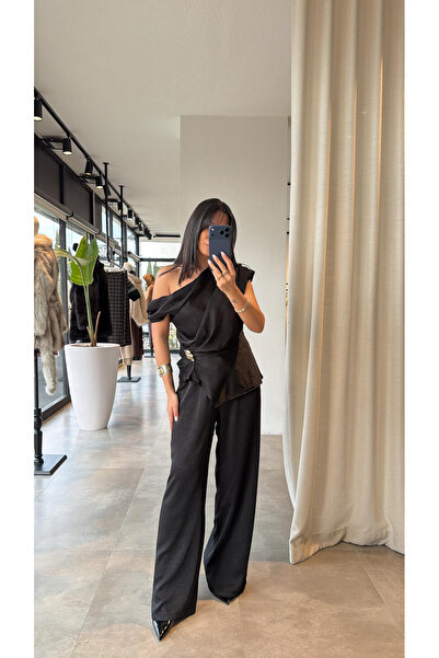 manana fashion Χρυσό Με αγκράφα Ασύμμετρη Κοπή Ειδικού Σχεδιασμού Σετ Παντελό...