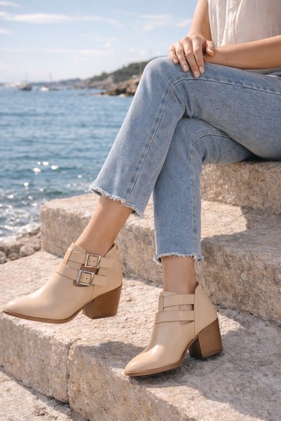 Defne Trend Store Ella Women's Leather Shoes Double Buckled Back Zipper Short Heeled Daily Comfortable Short Boots