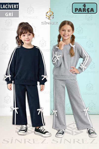 SİNREZ Girl's 2-Piece Ribboned Bow Detail Crew Neck Tracksuit Set