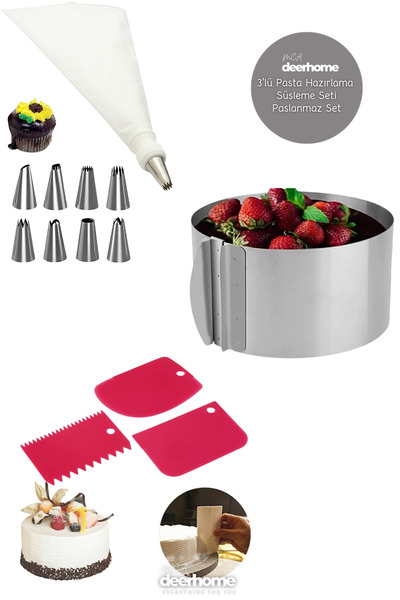 MCA Deerhome 3 'Lü Set Pratik Hamur Kazıyıcı Kesici Ve Krema Torbası Seti Çel...