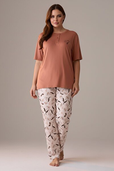 PİJAPİA Γυναικείο κοντομάνικο σετ πιτζάμες ελαστικό ύφασμα Plus Size Tile