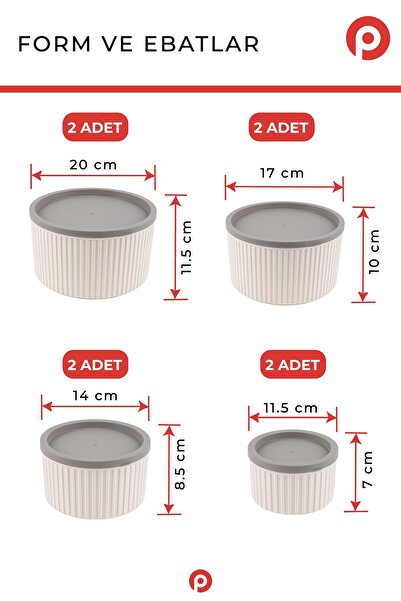 Pazarika 8'li Çizgili Yuvarlak Saklama Kabı Seti Bej (3L - 1.8L - 1L - 0.55L) Mikrodalga & Dondurucu Uyumlu
