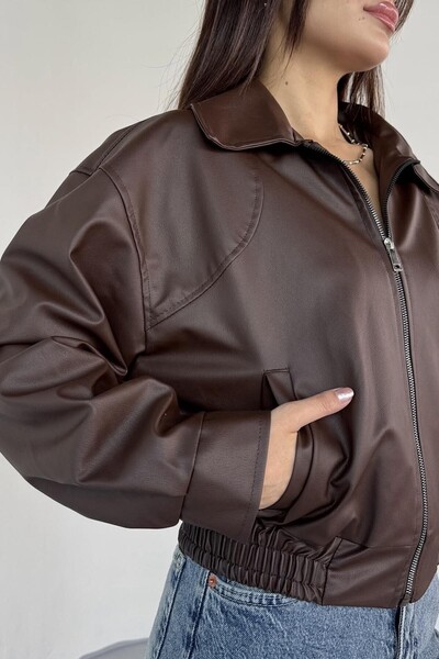 PRİFALDİ Premium Pb Oversized Bomber Elastic Waist Brown D Leather Jacket