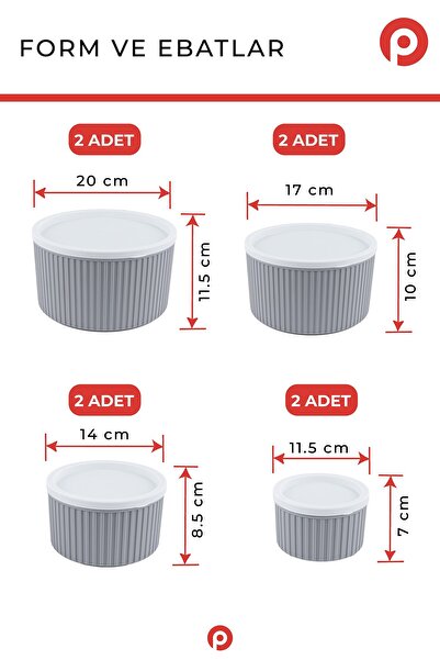 Pazarika 8'li Çizgili Yuvarlak Saklama Kabı Seti Bej (3L - 1.8L - 1L - 0.55L) Mikrodalga & Dondurucu Uyumlu