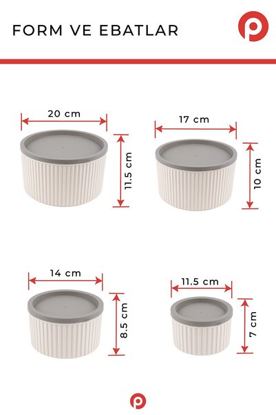 Pazarika 4'lü Çizgili Yuvarlak Saklama Kabı Seti Bej (3L - 1.8L - 1L - 0.55L) Mikrodalga & Dondurucu Uyumlu