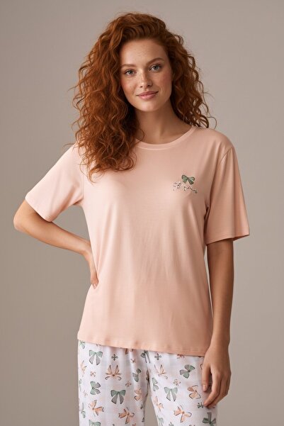 PİJAPİA Дамски комплект пижама с къси ръкави и еластични капри панталони, цвя...