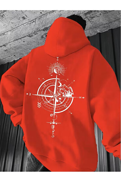 Trend Sizde Unisex Red Yonpusula Printed Hooded Sweatshirt