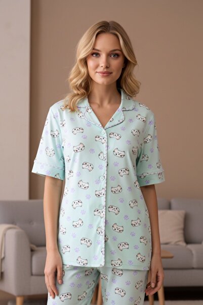 PİJAPİA Women's Short Sleeve Cat Patterned Stretch Fabric Buttoned Pajama Set...