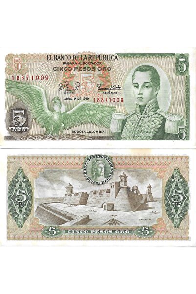 emir koleksiyon coin & paper collection Kolombiya 1979 Yılı 5 Pesos Kağıt Par...