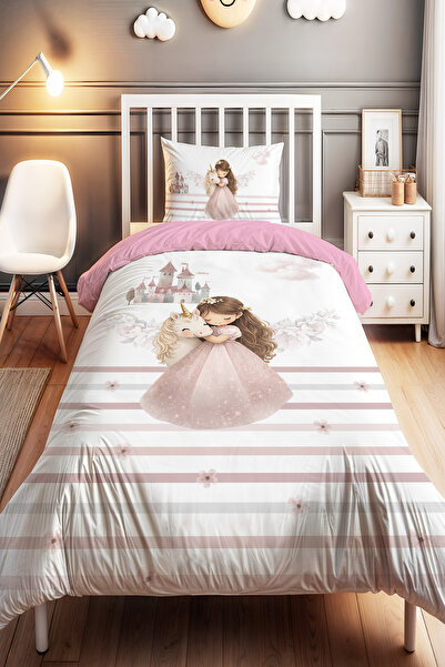 EVPANYA Unicornlu Masal Prensesi Desenli Tek Kişilik Bebek Çocuk Nevresim Seti