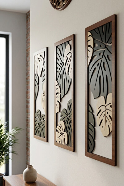 Mi Dizayn Ahşap Yaprak Desenli 3pcs Tablo - Hediyelik Modern Doğa Temalı Tablo