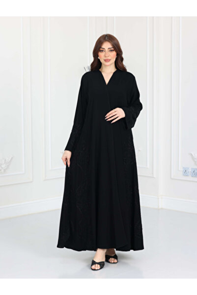 TREN Elegant Ramadan Summer Crepe Abaya Half Flared Black Embroidered Robe Mo...