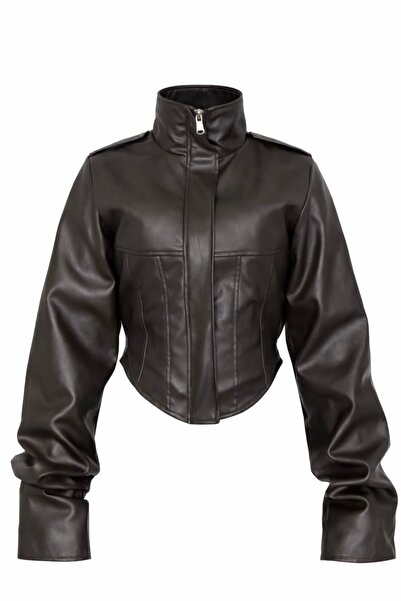 gm giyimarket Women's New Season Corset Detailed Cropped Leather Jacket