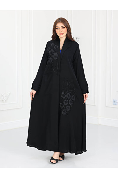 TREN : Luxury Ramadan 3D Flower Abaya Black Hand Embroidered Modest Gown Eleg...