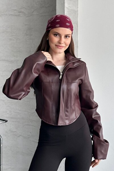 gm giyimarket Women's New Season Corset Detailed Cropped Leather Jacket