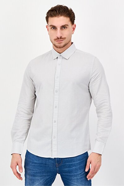 Nautica قميص جينز رجالي بأكمام طويلة سادة، بقصة عادية، لون رمادي فاتح