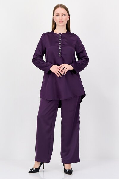 London Fog Women 2 Pieces Metallic Long Sleeve Shirt And Pants Set, Purple