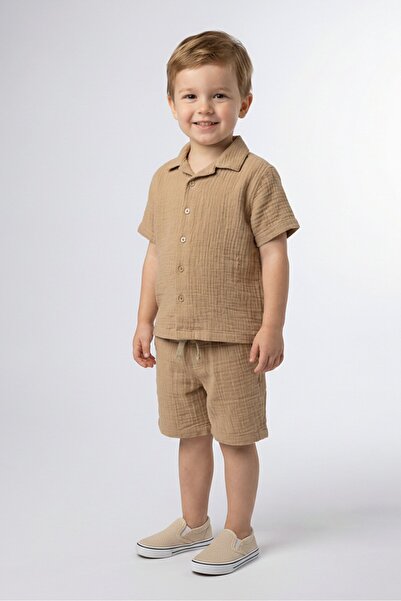 Aeropostale Toddlers Boy 2 Pieces Plain Casual Shirt And Shorts Set, Dark Beige