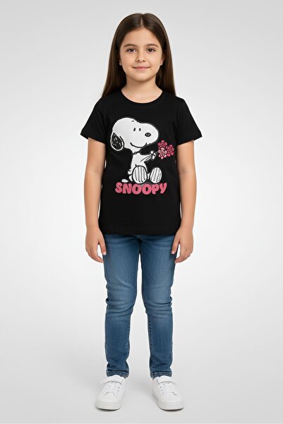 PEANUTS Toddlers Girl Crew Neck Short Sleeve Graphic Print T-Shirt, Black