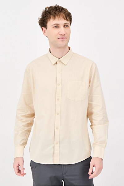 Nautica Jeans Men Regular Fit Long Sleeve Plain Casual Shirt, Beige