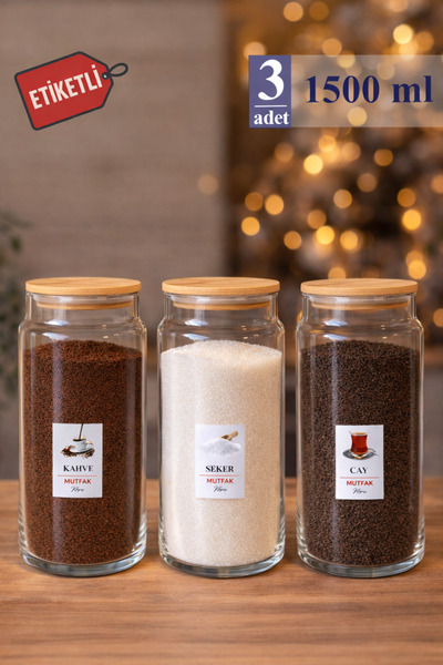 Mutfak Köşesi Pureglass 1500 ml Set of 3 Glass Jars with Wooden Lids – Tea, C...