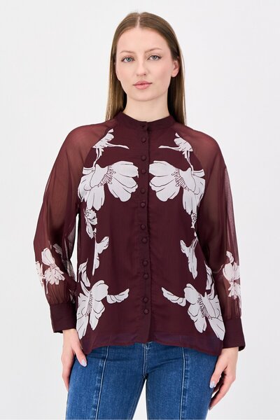 London Fog Women Mock Neck Long Sleeve Floral Print Blouse, Maroon