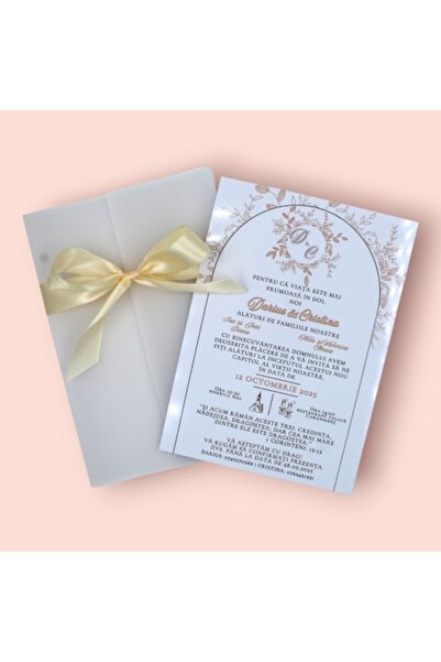 Fabricacucadouri.ro Pachet 50 Invitație Nuntă Rotundă cu Fundiță Crem și Plic...