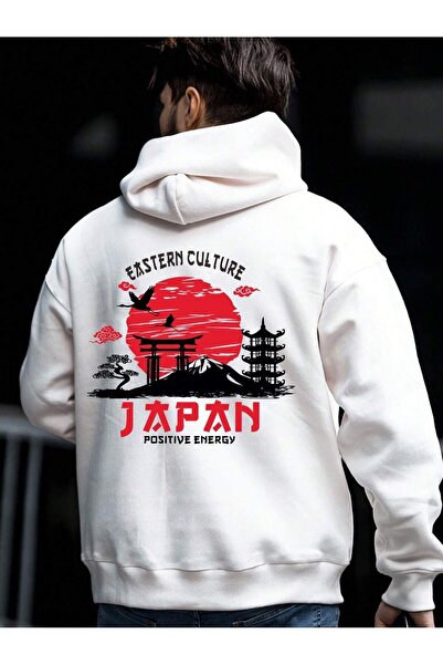 Eritqaa Japan positive energy red sun front and back printed white oversized ...