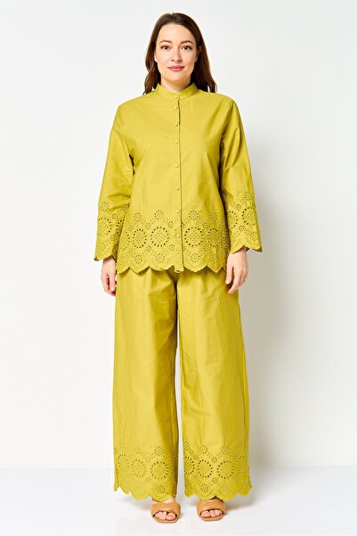 JASON WU Women 2Pcs Mandarin Collar Long Sleeve Eyelet Shirt And Pants Set, A...