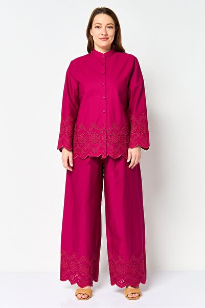 JASON WU Women 2 Pcs Eyelet Long Sleeve Shirt And Pants Set, Plum