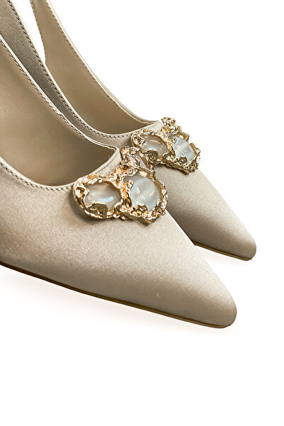 HANZE Kadın Bej Saten Orta Topuk Stiletto Tokalı Yeni Sezon HK1094