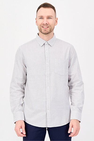 London Fog Men Regular Fit Stripe Long Sleeve Casual Shirt, Light Grey