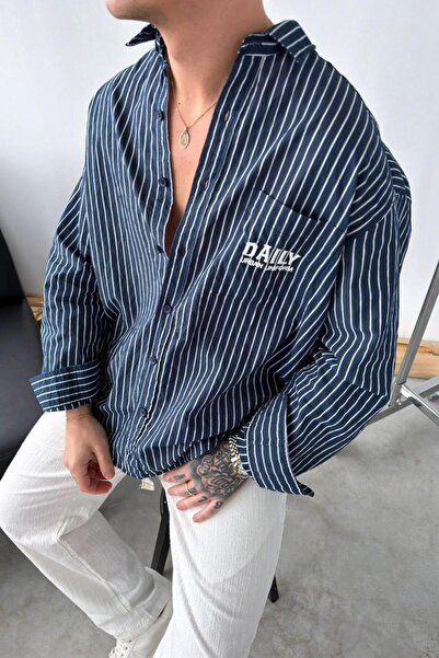 HAFKAGİYİM Mornarsko plava dnevna košulja Vezena Prugasto Oversize kroj