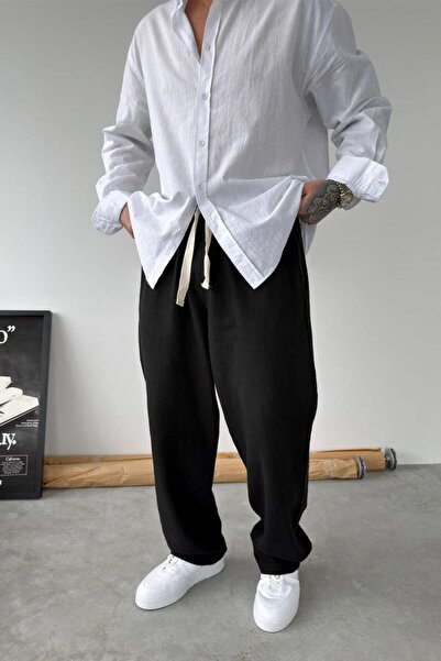 HAFKAGİYİM Μαύρο φαρδύ παντελόνι Λινό