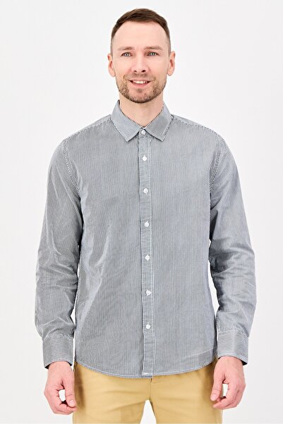 London Fog Men Regular Fit Stripe Long Sleeve Casual Shirt, Grey