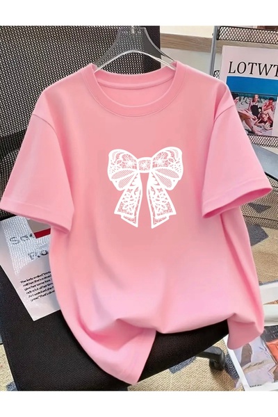 FUFLUNS Lace Pattern Ribbon Printed Unisex Women/Men Oversize Crew Neck T-Shirt